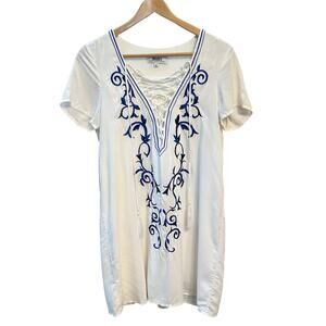 LULU’S White Boho Shift Dress Blue Embroidery Front‎ Tassels Women’s Size Medium